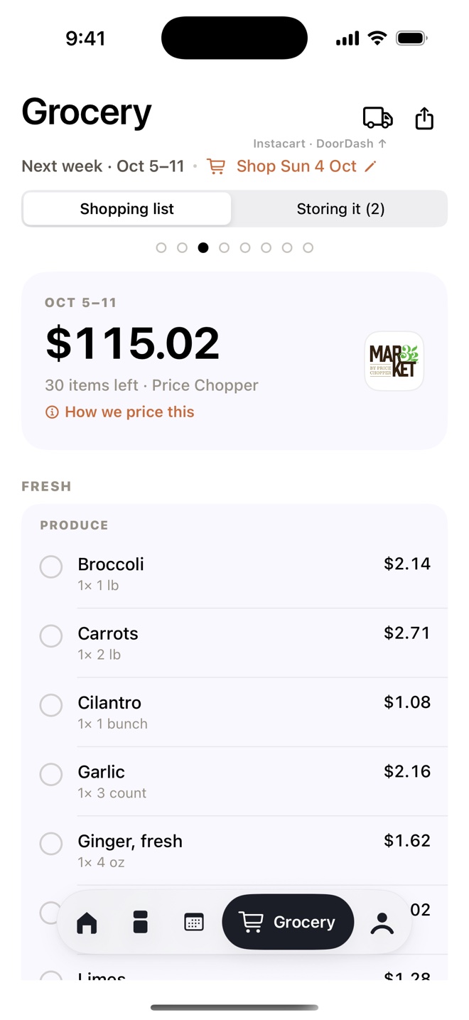 TapCook's grocery list for October 5 to 11 at Price Chopper: $115.02 for 30 items, starting with the produce