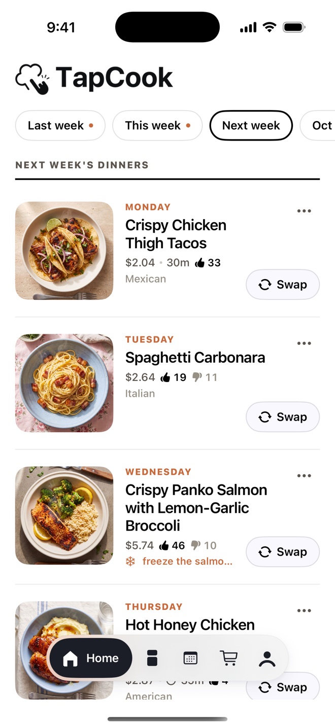 TapCook's week view: chicken thigh tacos on Monday, spaghetti carbonara on Tuesday, panko salmon on Wednesday, each with its price per serving
